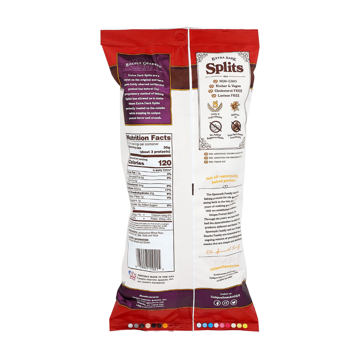 Unique Snacks Extra Dark Splits Pretzels, Vegan, 11 Oz. Bag, Pack of 12