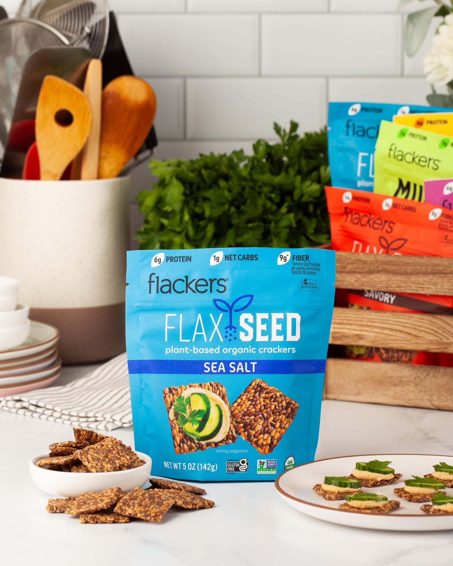 Flackers Organic Sea Salt Flaxseed  ers, Gluten Free, Vegan, Keto Snack, 5 oz, 4-Pack