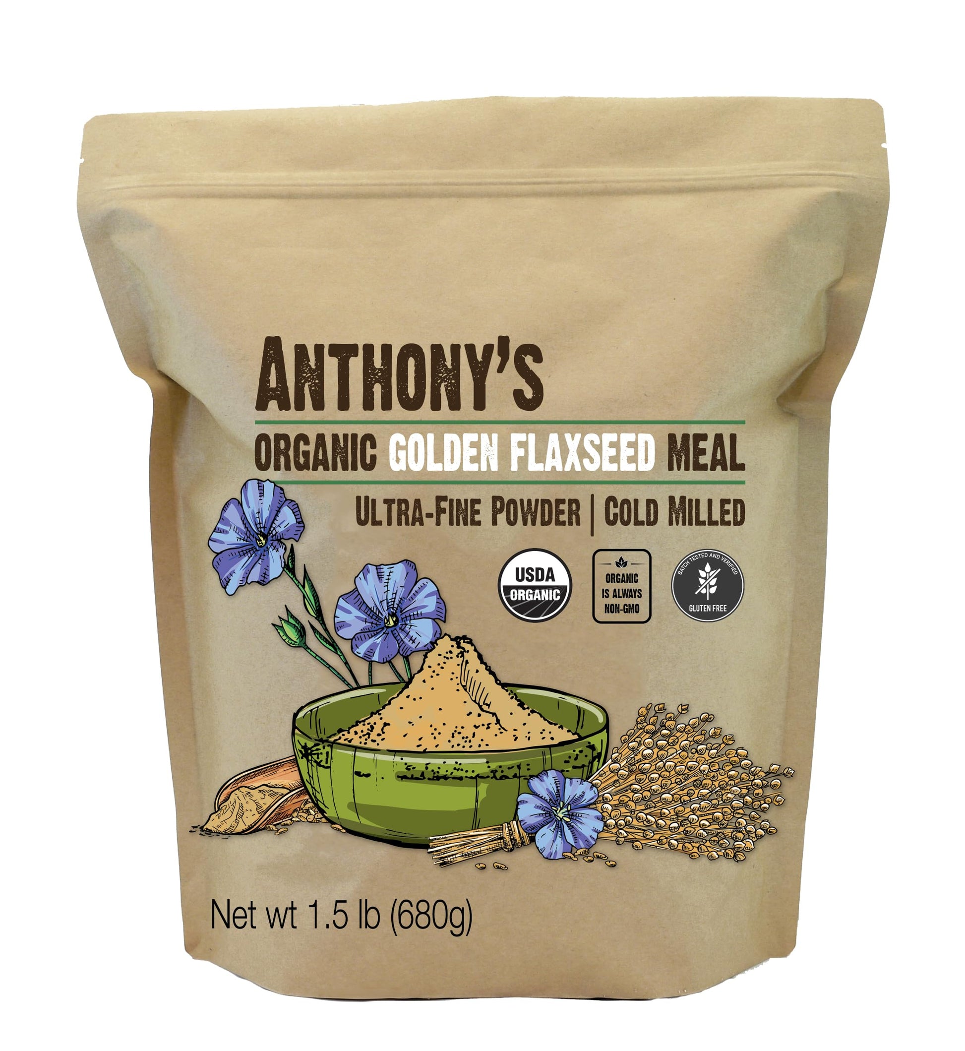 Anthonys Organic Golden Flaxseed Meal  1.5 lb  Gluten Free  Non-GMO  Vegan