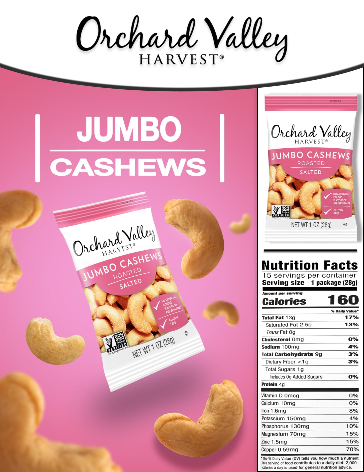 Orchard Valley Harvest Jumbo Cashews, 1 oz Bags (Pack of 15), Whole Roasted Salted Cashews, Gluten Free, No Artificial Colors, F