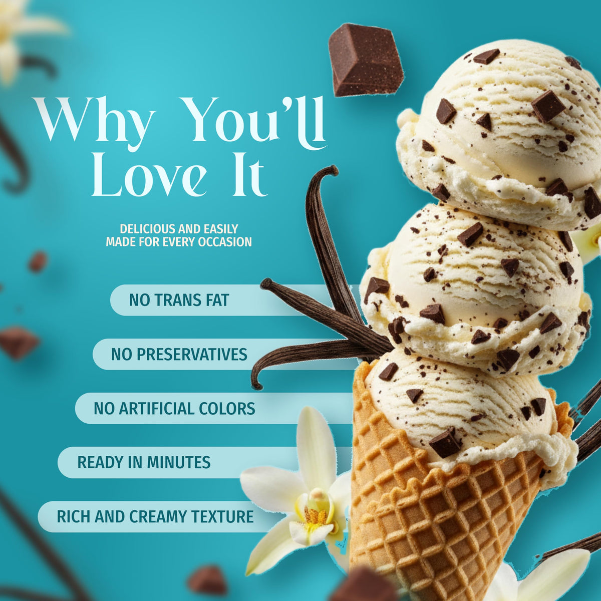 Triple Scoop Premium Vanilla Chocolate Chip Ice Cream Starter Mix, 2 Boxes (14.8 oz each), Makes 4 Quarts, Easy to Use