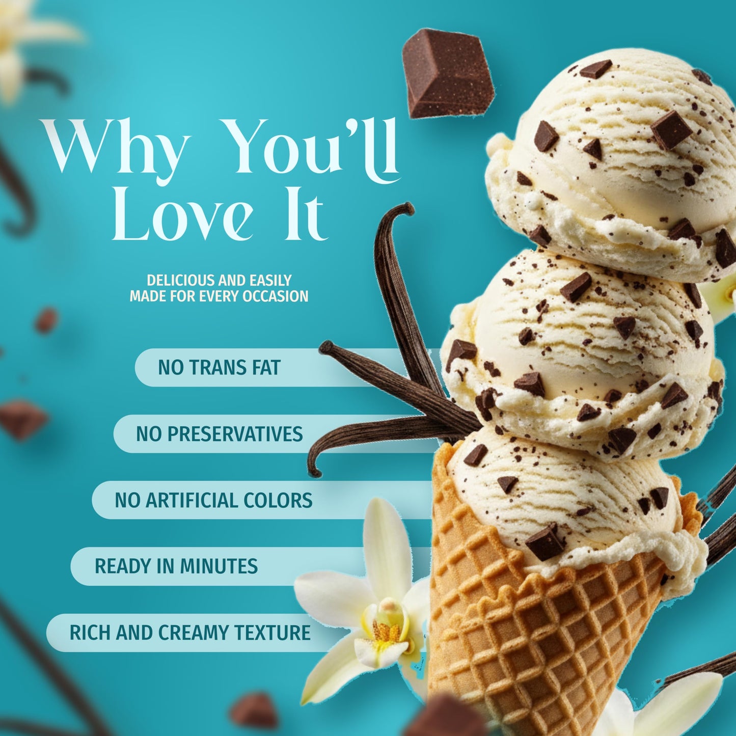 Triple Scoop - Enhanced Vanilla Choc Chip Ice Cream Mix For Ice Cream Maker. Simple, Easy, Delicious. From Gourmet Mix To Maker In 5 Min, Makes 2 Creamy Quarts, Made In Usa (1 Pack, Van Choc)