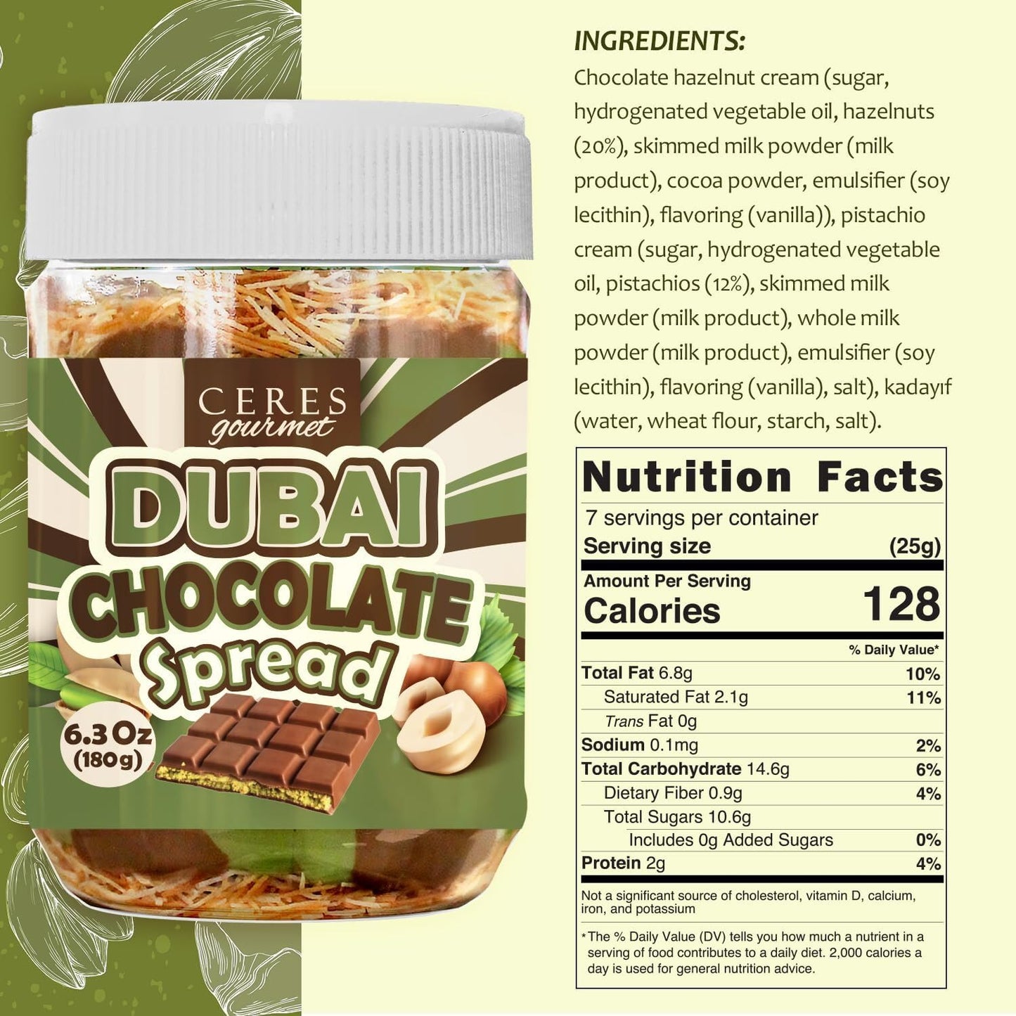 Dubai Chocolate Spread - 6.35 oz Jar with Pistachio  Kataifi & Gourmet Dubai Chocolate Filling for Pancakes  Breakfast  Snacks  and Desserts
