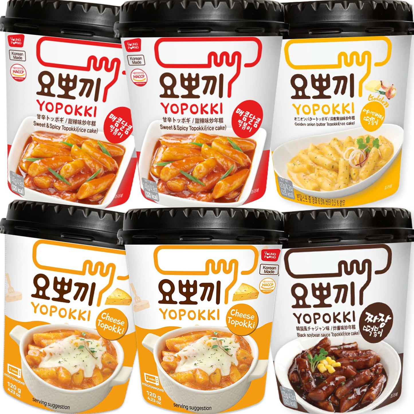 Yopokki Instant Tteokbokki Assorted Cup (Spicy 2, Cheese 2, Onion 1, Jjajang 1, Set Of 6) - Korean Street Food With Sweet And Mo