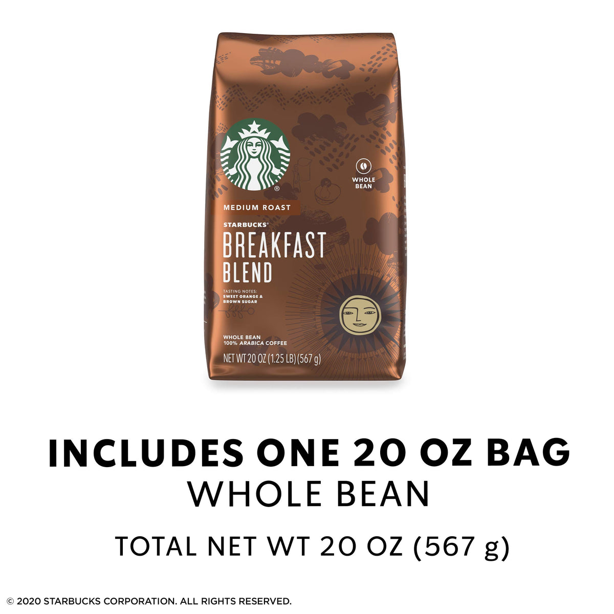 Starbucks Medium Roast Whole Bean Coffee Breakfast Blend 20 oz