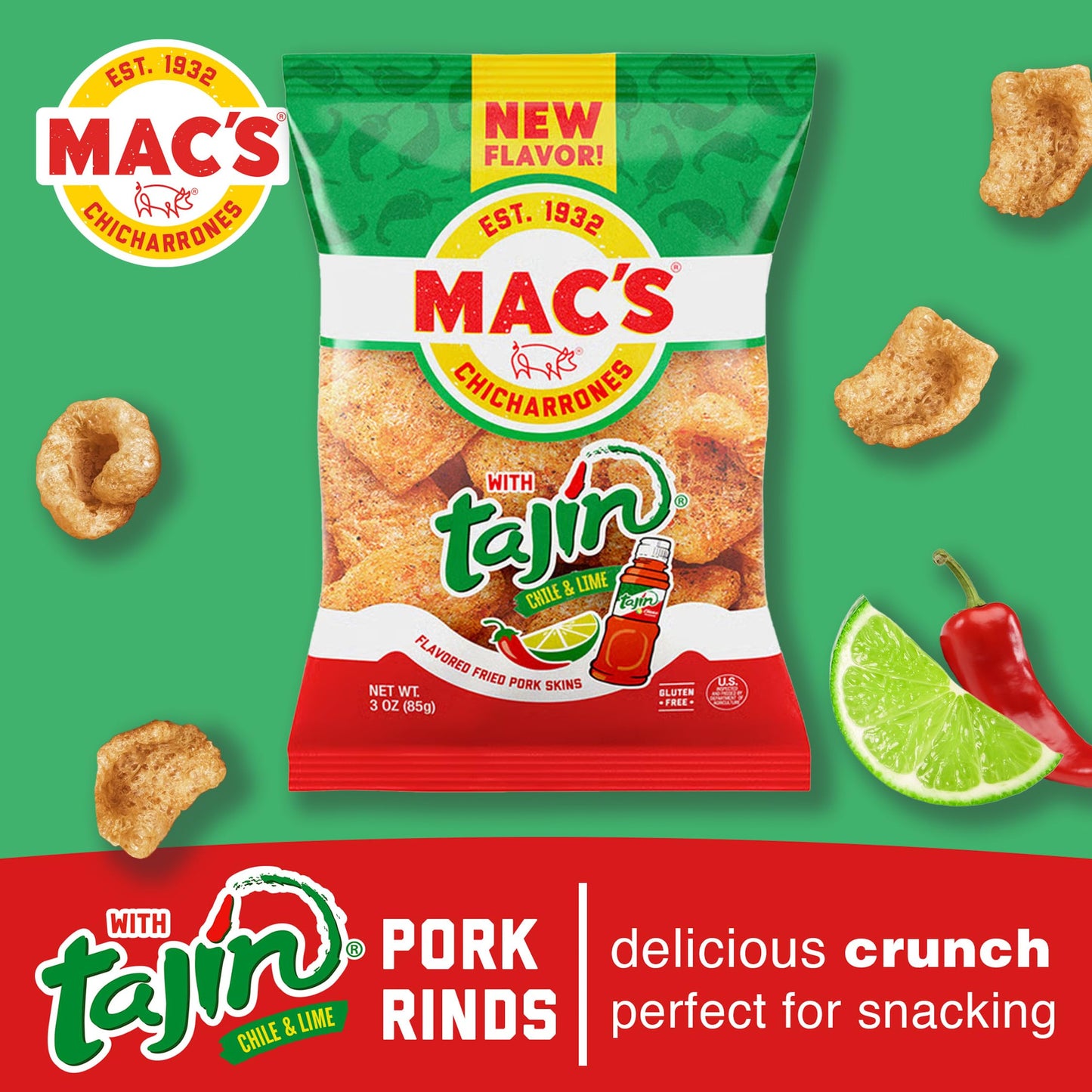 Macs Tajin Chili Lime Fried Pork Skins - Tajin Chili Lime Flavored Chicharrones Pork Rinds - Low Carb, Gluten-Free, Keto-Friend
