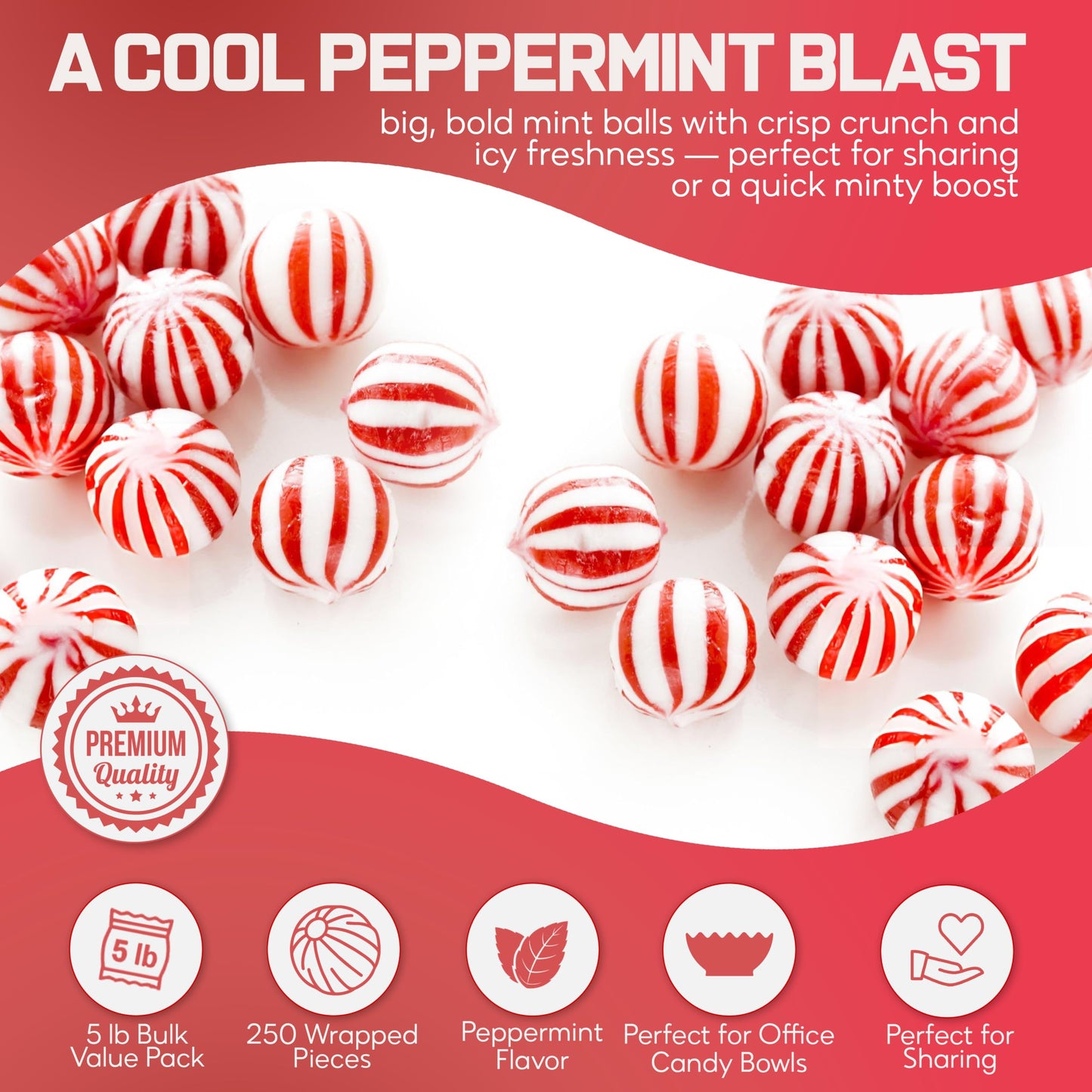 Jumbo Peppermint Candy Balls  5 Pound Bulk Peppermint Hard Candy  Approx 250 Individually Wrapped Mint Balls for Christmas Candy Jars  Office Bowls  and Holiday Party Favors.