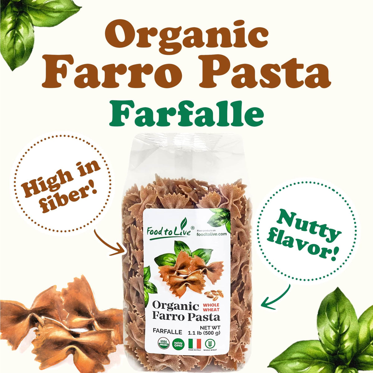Food To Live - Organic Farro Farfalle Pasta, 1.1 Lb (Pack Of 2) - Italian Whole Wheat And Non-Gmo Bow-Tie Pasta, Single Ingredie