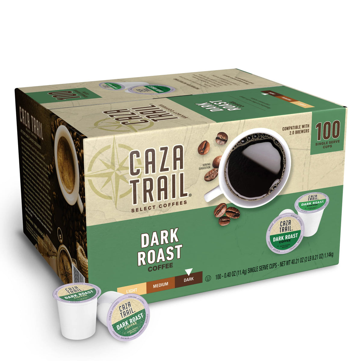Caza Trail Coffee Pods, Dark Roast, Single Serve (Pack Of 100) (Packaging May Vary)