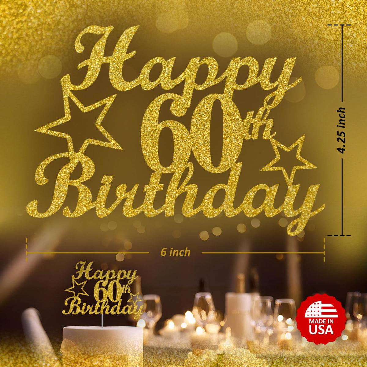 RokAPary 60th Birthday Cake Topper, Gold Glitter, Sturdy Acrylic, Double-Sided Decoration