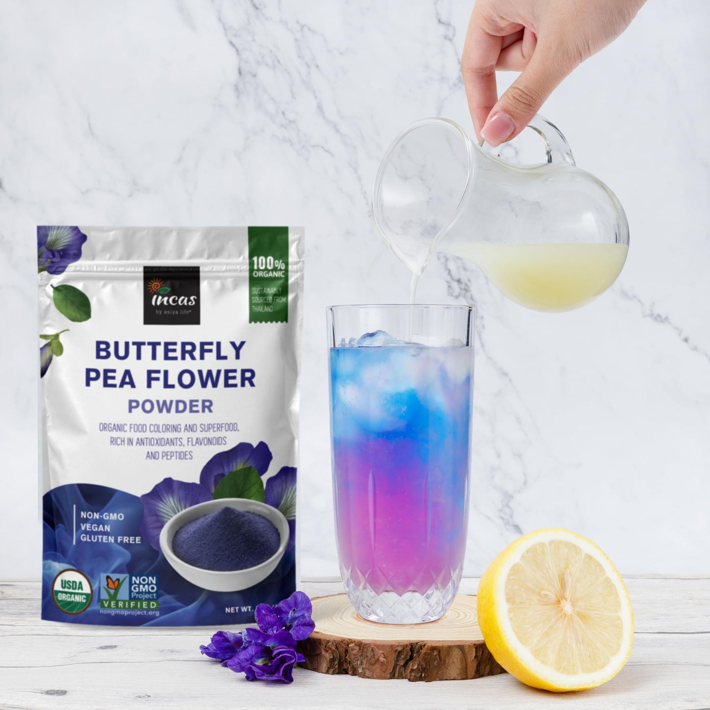 Incas 100% Organic Butterfly Pea Flower Powder - 4 Ounce Non-GMO Blue Matcha Tea, Vegan Culinary Food Coloring from Thailand