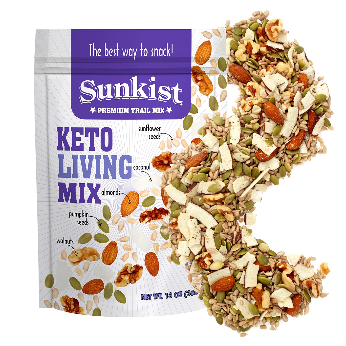 Sunkist® Keto Living Trail Mix - Fruit, Nut And Seeds, Low Sodium, Gluten Free Snack With Sunflower Seeds, Coconut, Almonds, Pumpkin Seeds, And Walnuts | Enhanced Quality | 13 Oz Resealable Bag
