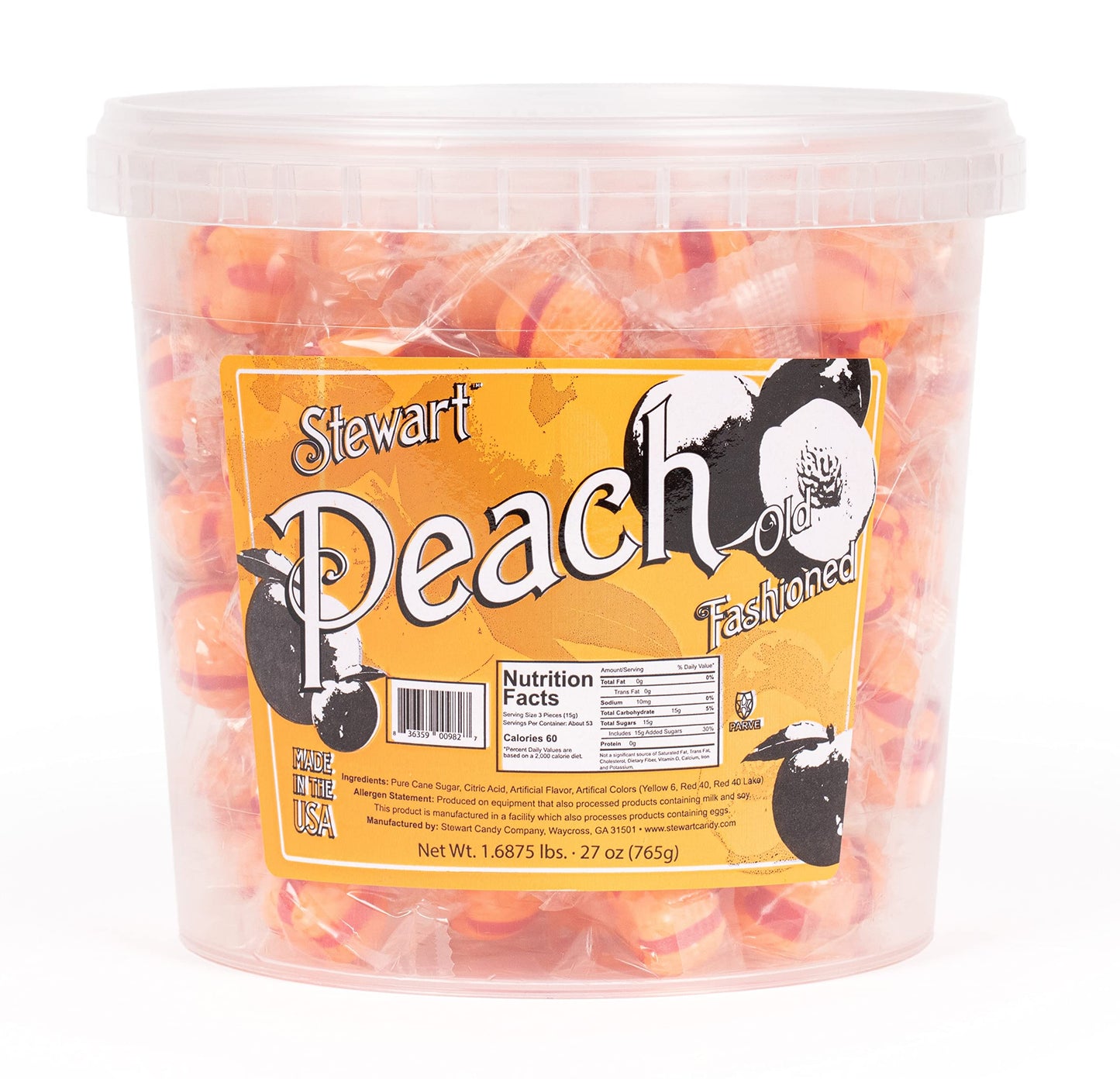 Stewart Old Fashioned Peach Flavored Pure Sugar Candy Puff Balls - Individually Wrapped Candy Snack, Fat-Free, Cholesterol-Free,