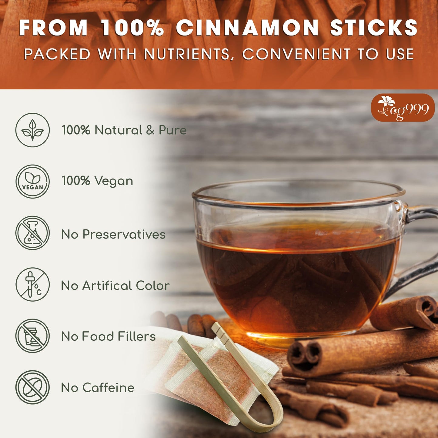 TOG999 Premium Herbal Tea - 100% Natural Cinnamon, No Sugar, No Caffeine, Vegan - 60 Bags