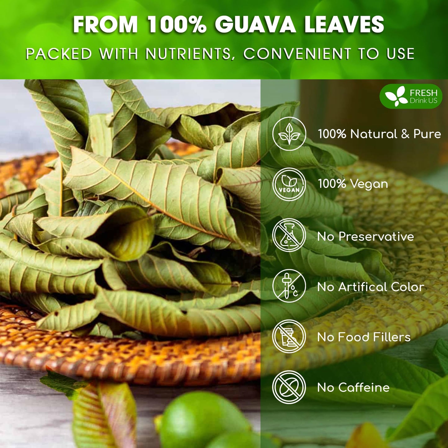 FRESHDRINKUS Premium Dried Guava Leaves Herbal Tea, 50 Count, 100% Pure, Non-GMO, Caffeine-Free, Vegan