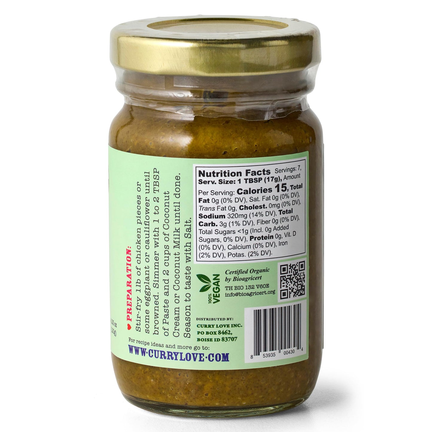 Green Thai Curry Paste ORGANIC. VEGAN. DAIRY FREE. SUGAR FREE. KETO FRIENDLY. MADE IN THAILAND. Case of 6 x 4.23 oz Glass Jars