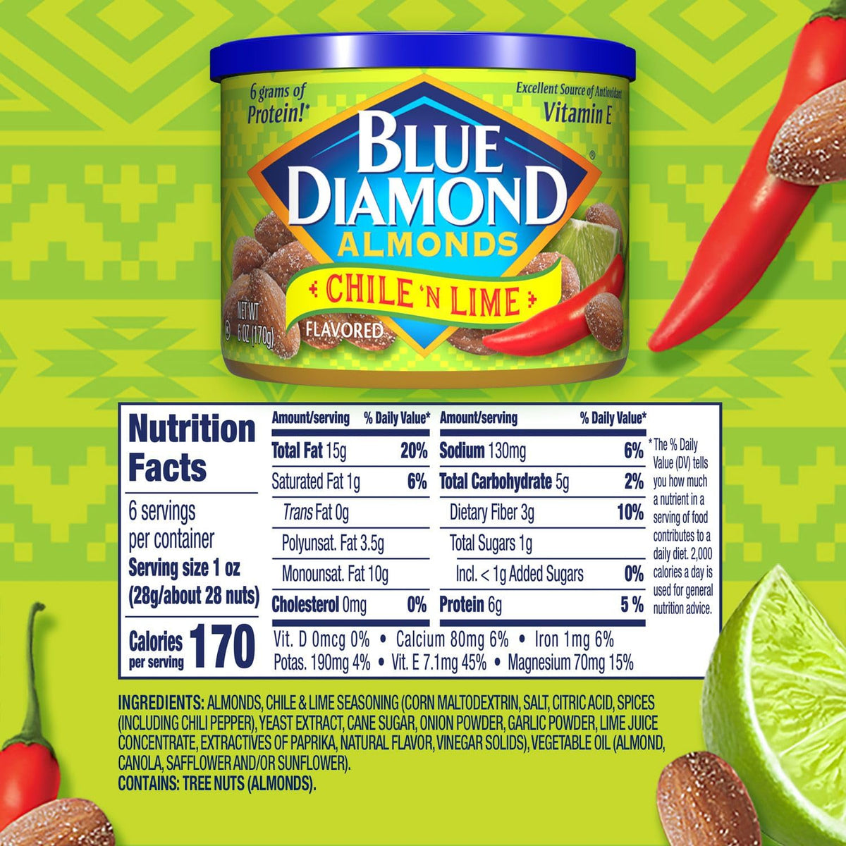 Blue Diamond Almonds, Snack Nut Flavored Chile N' Lime Perfect For On-The Go, And Snacking, 6 Ounce Can