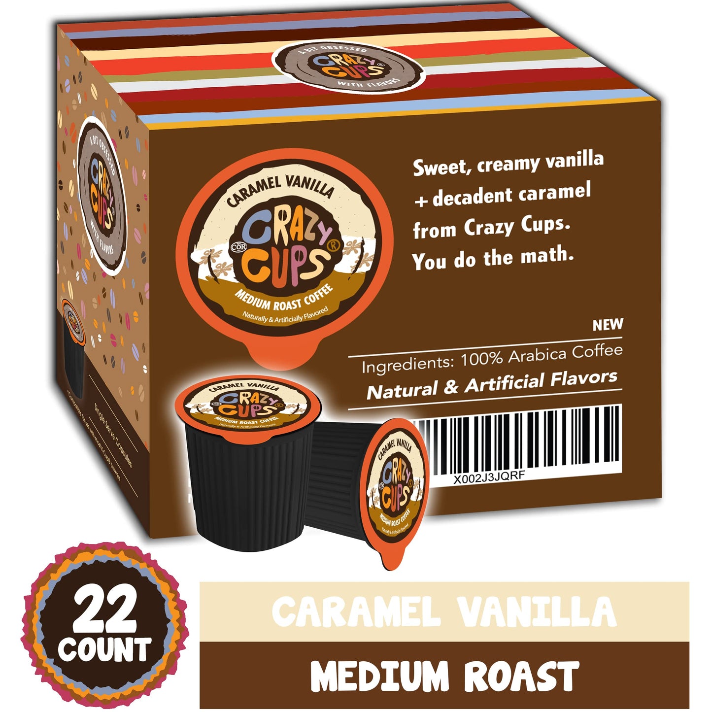 Crazy Cups Flavored Coffee Pods, Caramel Vanilla, Single Serve For Keurig K Cups Machines, Medium Roast In Recyclable Pods, 22 C