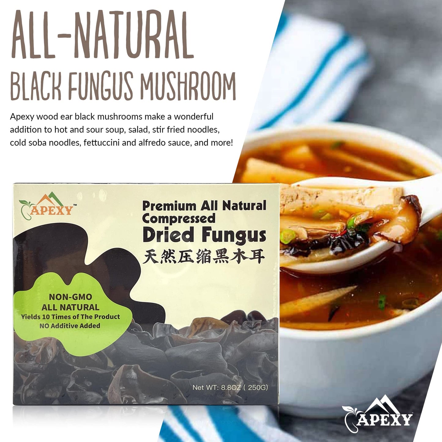 Apexy Enhanced Dried All Natural Compressed Black Fungus (Black Wood Ear Mushroom) - 8.8 Oz -- 10 Times Volume Yield After Soaking (Pack Of 1)