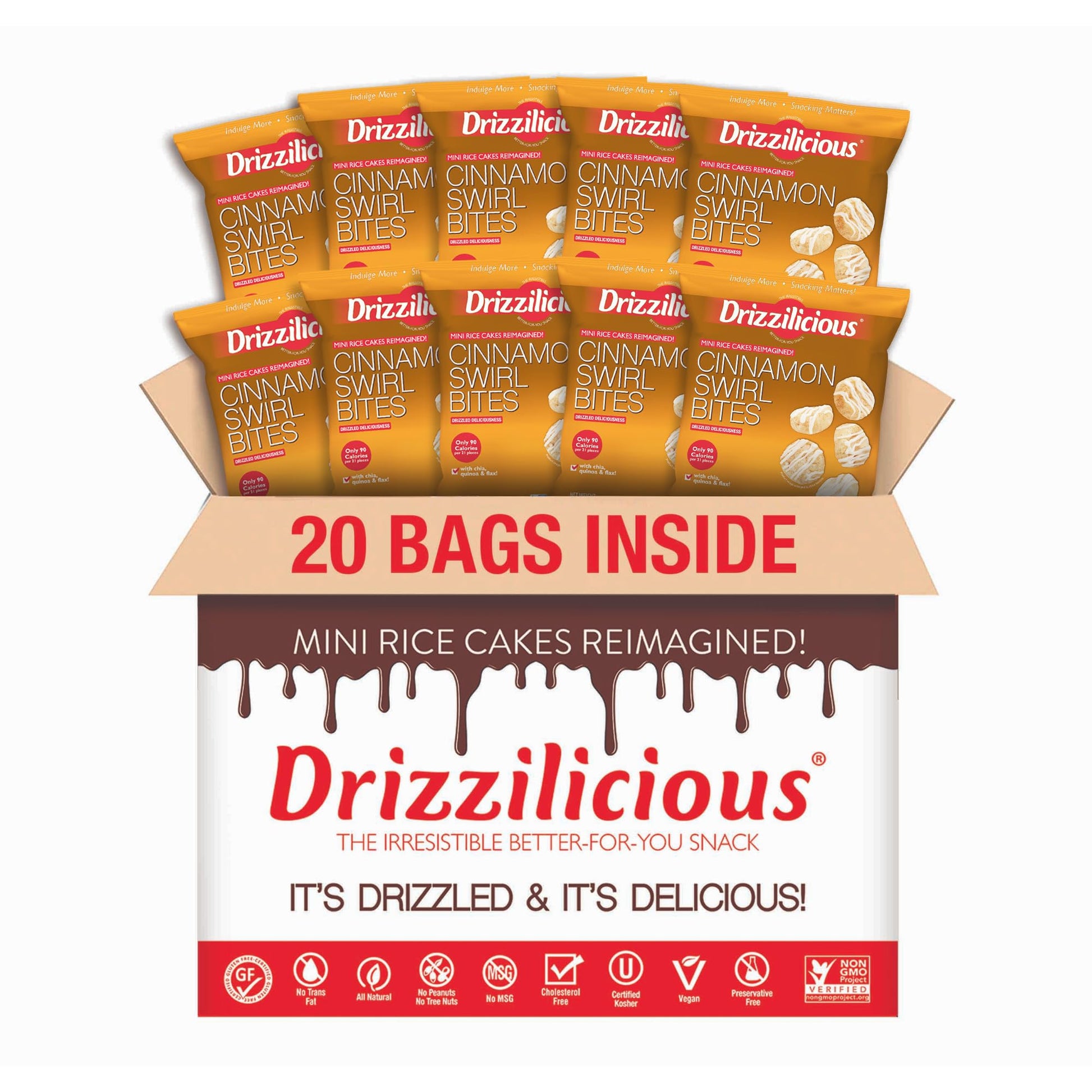 Drizzilicious Mini Rice Cakes Cinnamon Swirl - Rice Crisps, Healthy Snack For Mature-Themeds And Kids, Flavored Rice Cakes, Vegan, Gluten Free, Allergen Free, Only 90 Calories Per Bag - 0.74 Oz (Pack Of 20)