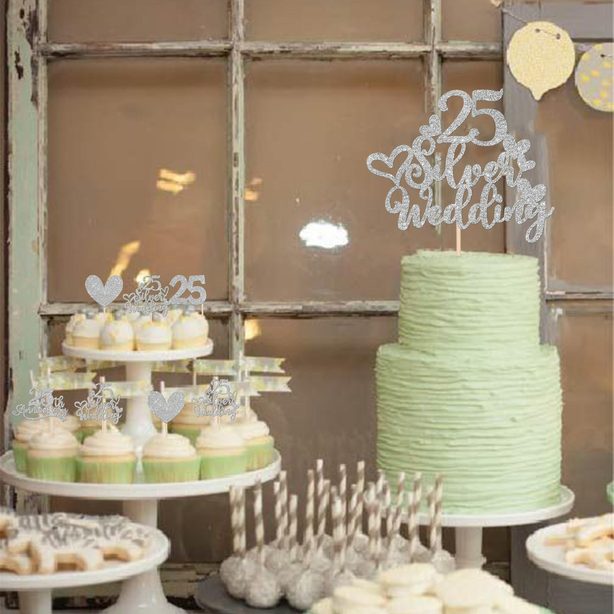 25 Pcs 25Th Anniversary Cupcake Toppers With 25 Silver Wedding Cake Topper Glitter Heart 25Th Wedding Anniversary Cupcake Picks