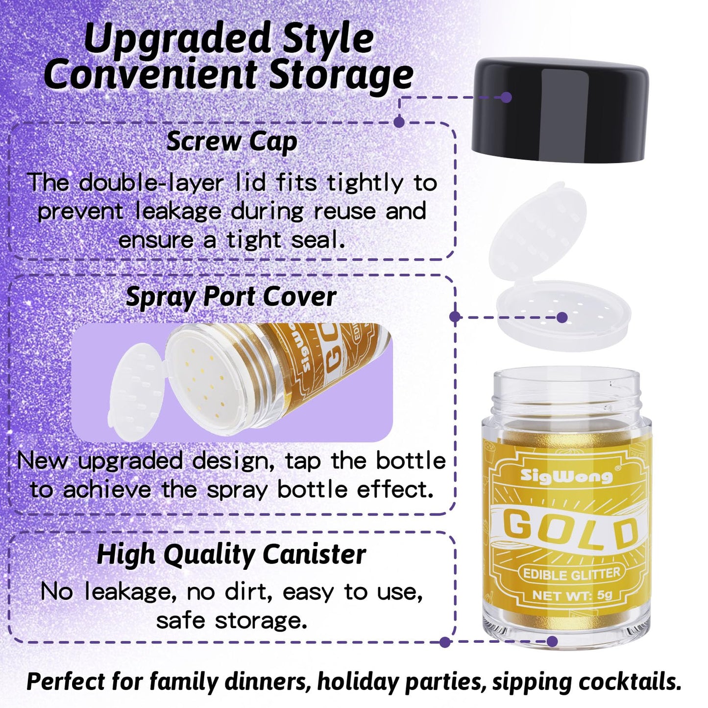 SigWong Edible Glitter Set, 3 Colors Luster Dust, Food Grade Metallic Sprinkles, 5g - Black, Purple, Gold