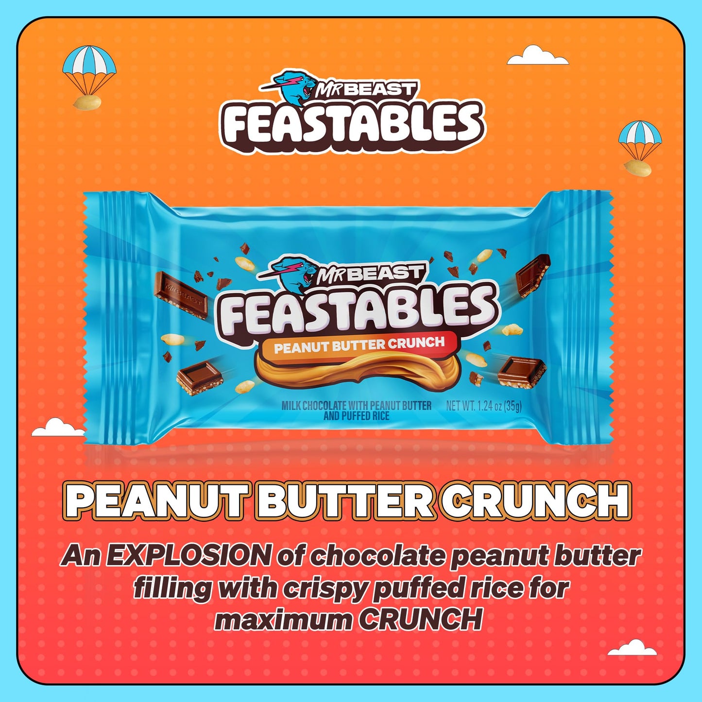 Feastables Peanut Butter Milk Chocolate Crunch Chocolate Bar, 1.24 Oz (35G), 24 Count