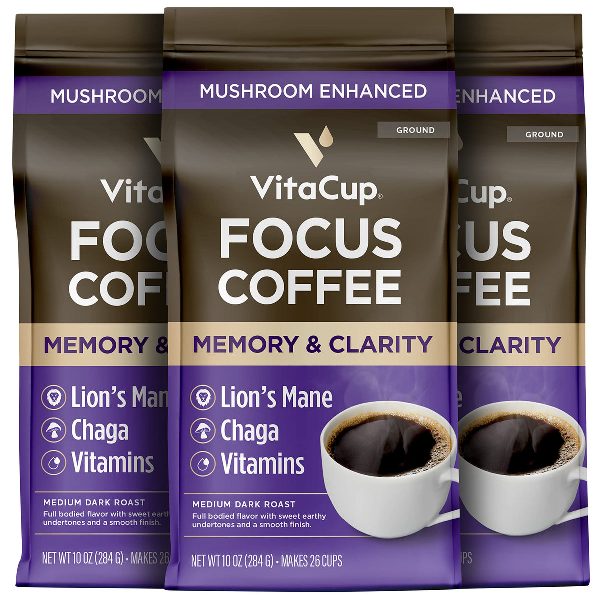 VitaCup Focus Ground Mushroom Coffee, Medium Dark Roast, 10oz Bags, Boosts Focus & Immunity, 3 Bags 