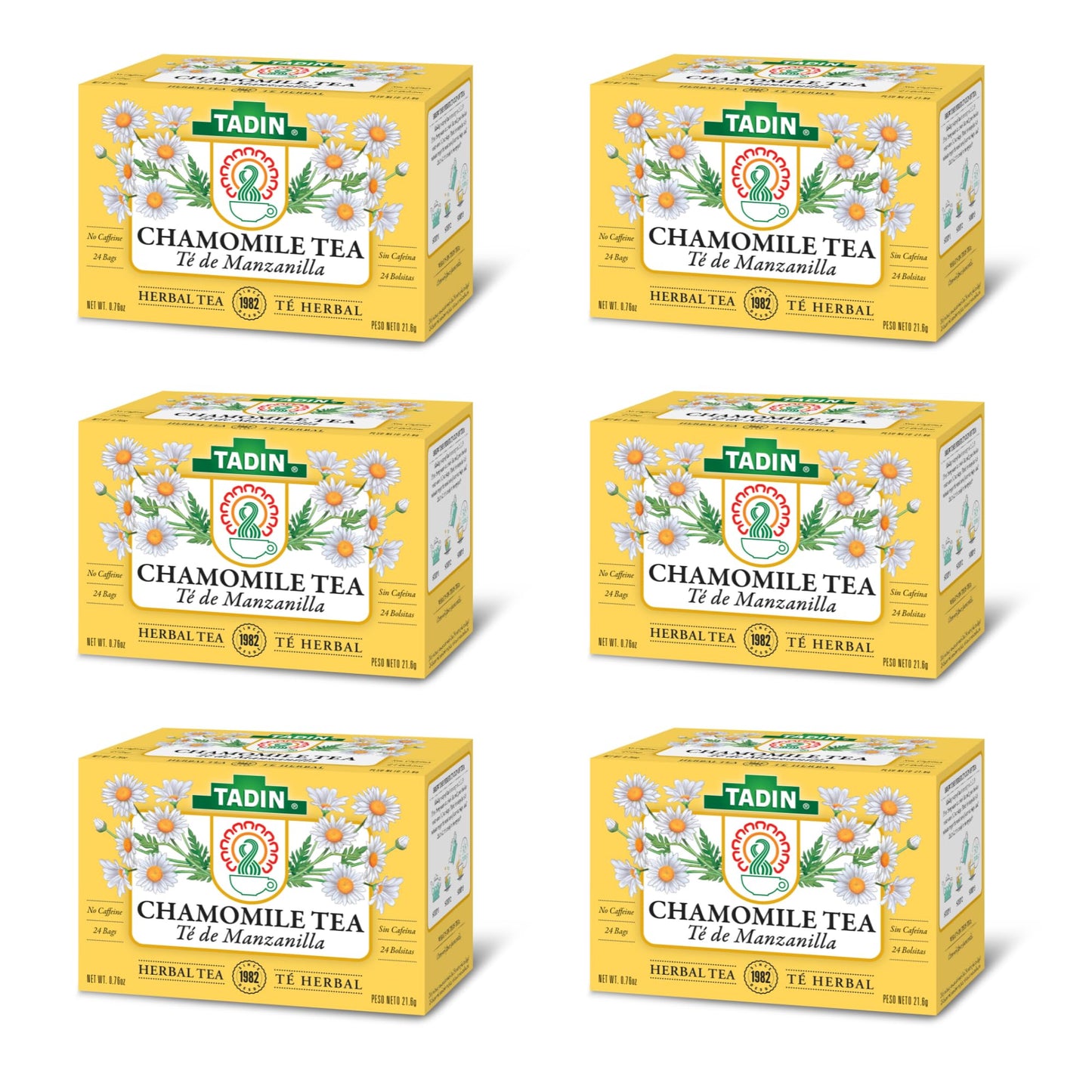 Tadin Chamomile Tea Bags, Herbal, Caffeine Free, 24 Bags Per Box, Pack of 6