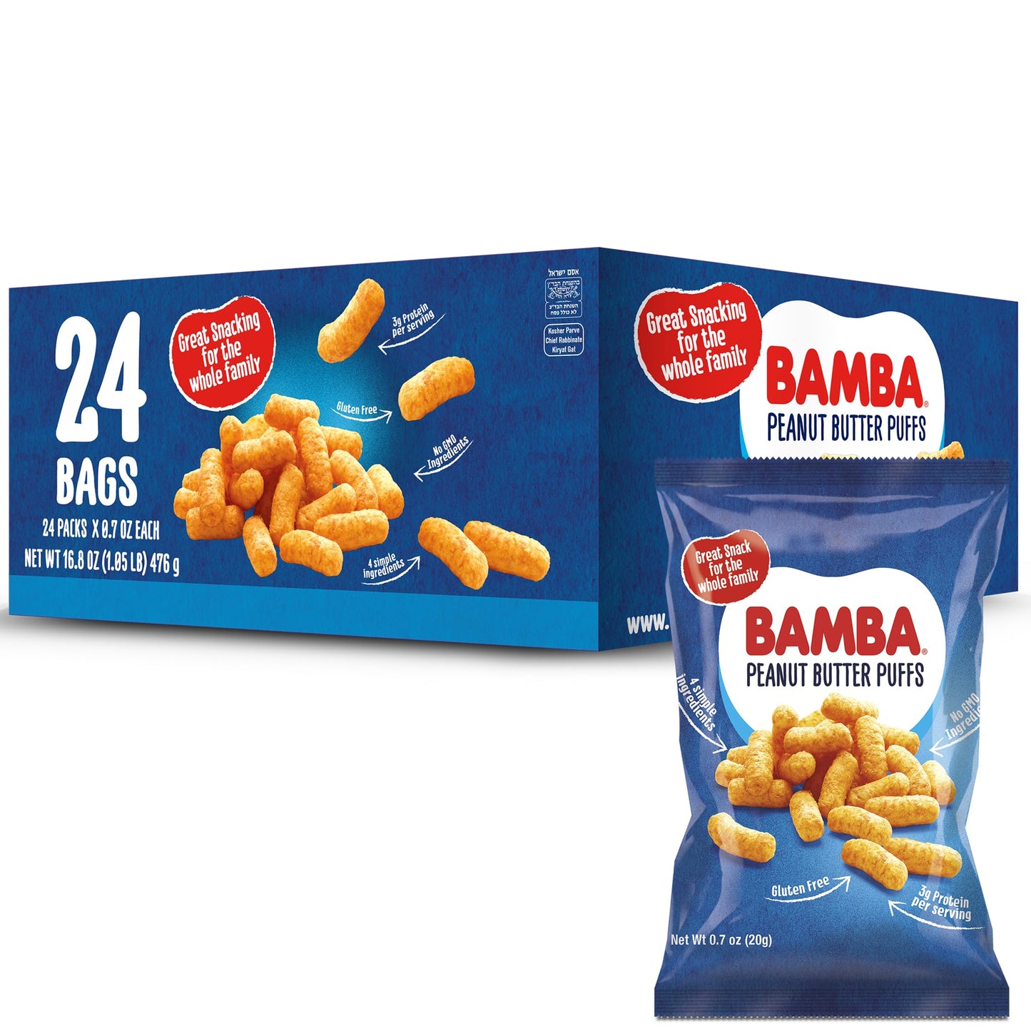 Gratify Bamba Peanut Butter Snacks for Families - All Natural Peanut Butter Corn Puffs Snacks ( 24 pack 0.7oz bags) - Made with