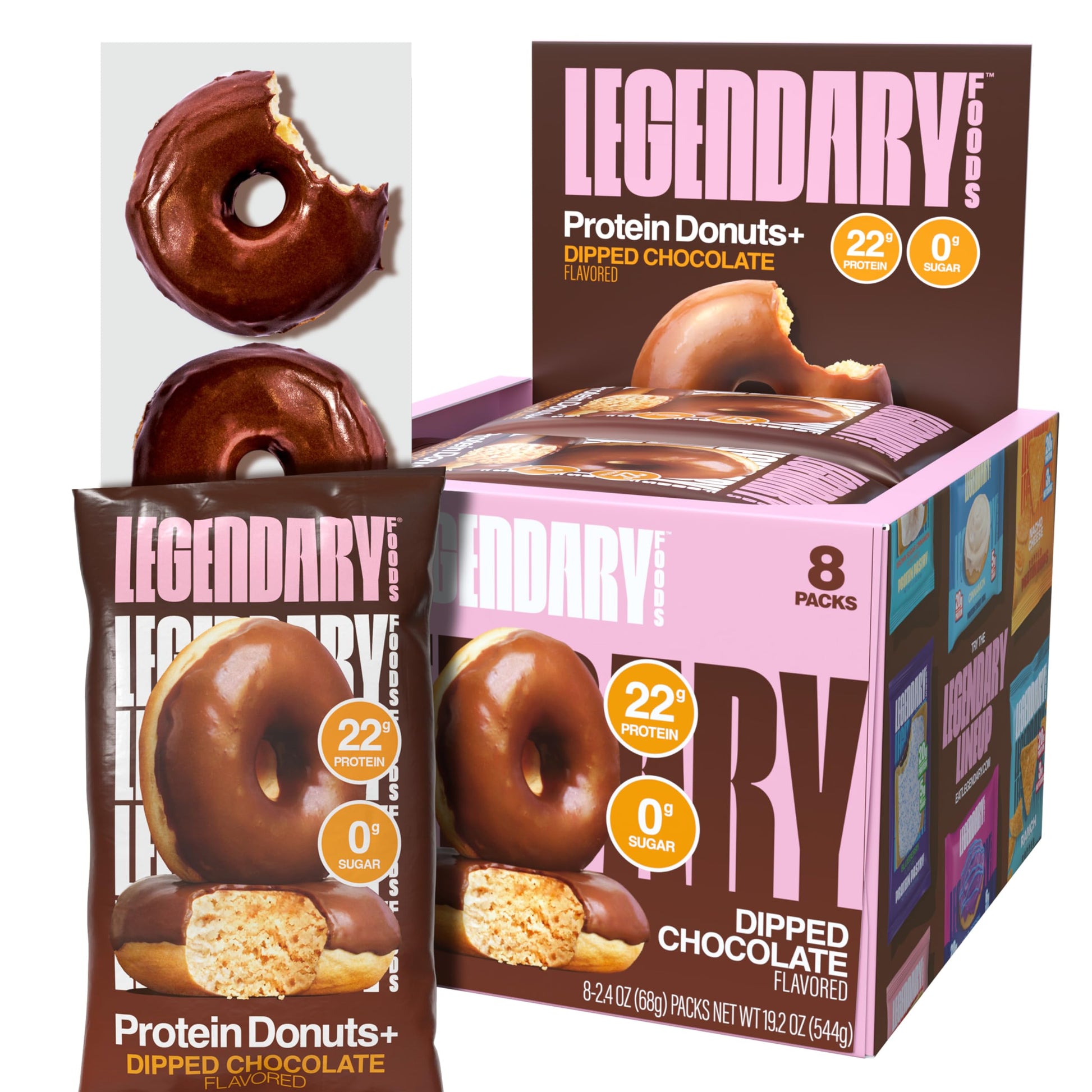 Legendary Foods Protein Donuts - 22g Protein  Dipped Chocolate  Zero Sugar Snack  Gluten Conscious  Low Carb  Keto Suitable  Diabetic and GLP-1 Diets - 8 Pack with Two Donuts per pack