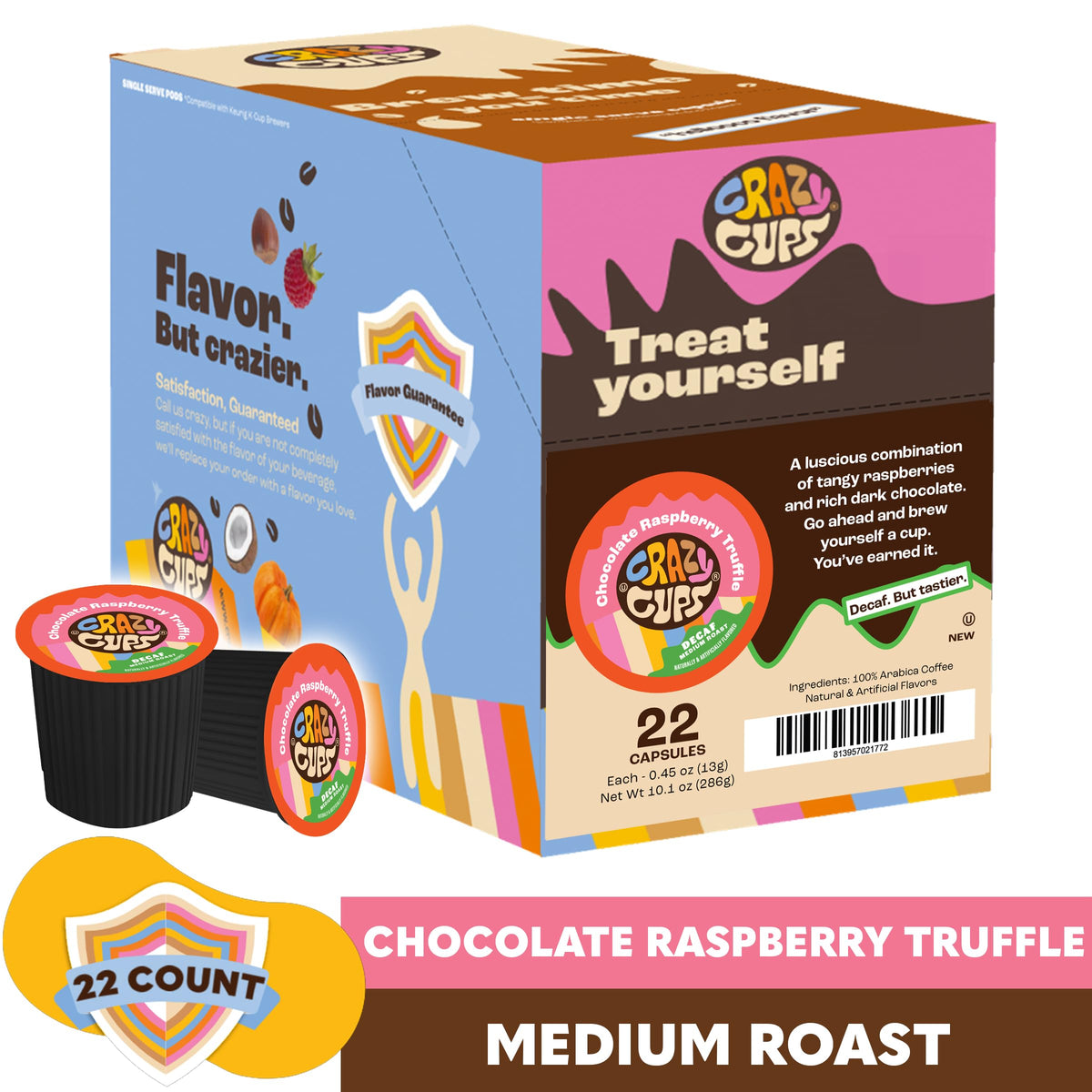 Crazy Cups Decaf Flavored Coffee Pods - Chocolate Raspberry Truffle - 22 Count for Keurig K-Cups