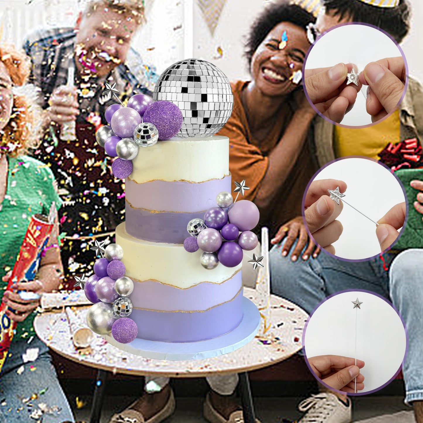 32Pcs Disco Purple Ball Cake Topper Decoration For Wedding Birthday Baby Shower Party Cake Decoration Supplies