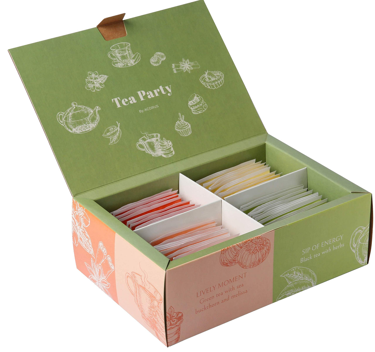 Acorus Tea Party With 4 Different Flavors | Tea Set | 40 Count Natural Rooibos, Black Tea, Green Tea Packs With Beautiful Gift B