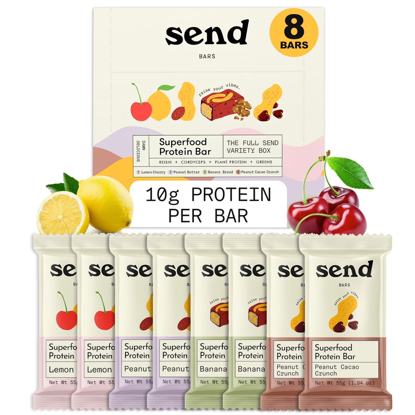 Send Bars Plant-Based Vegan Healthy Protein Bars, With Greens (Variety Pack, 8 Bars) – Only Real Ingredients, Zero Added Sugar, Gluten-Free, Dairy-Free