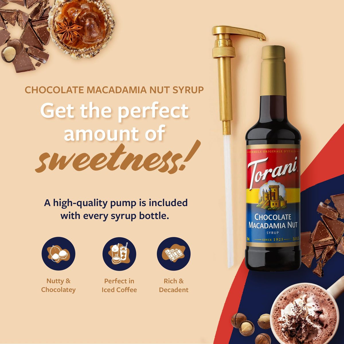 Torani Coffee Syrup, Chocolate Macadamia Nut Flavored Syrup For Drinks, Pump Included, 25.4 Fl Oz