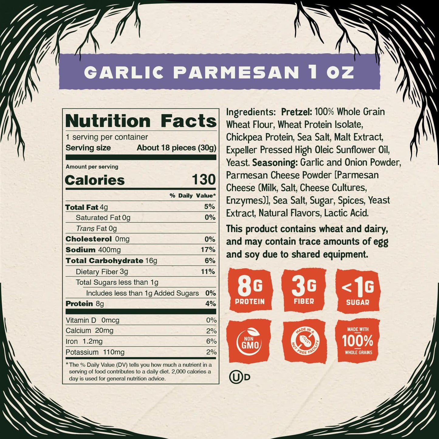 Kindling Protein Pretzels - Garlic-Parmesan | Protein-Packed Snack Size Bags | Kosher | 8-9g Protein Per Serving | No Artificial
