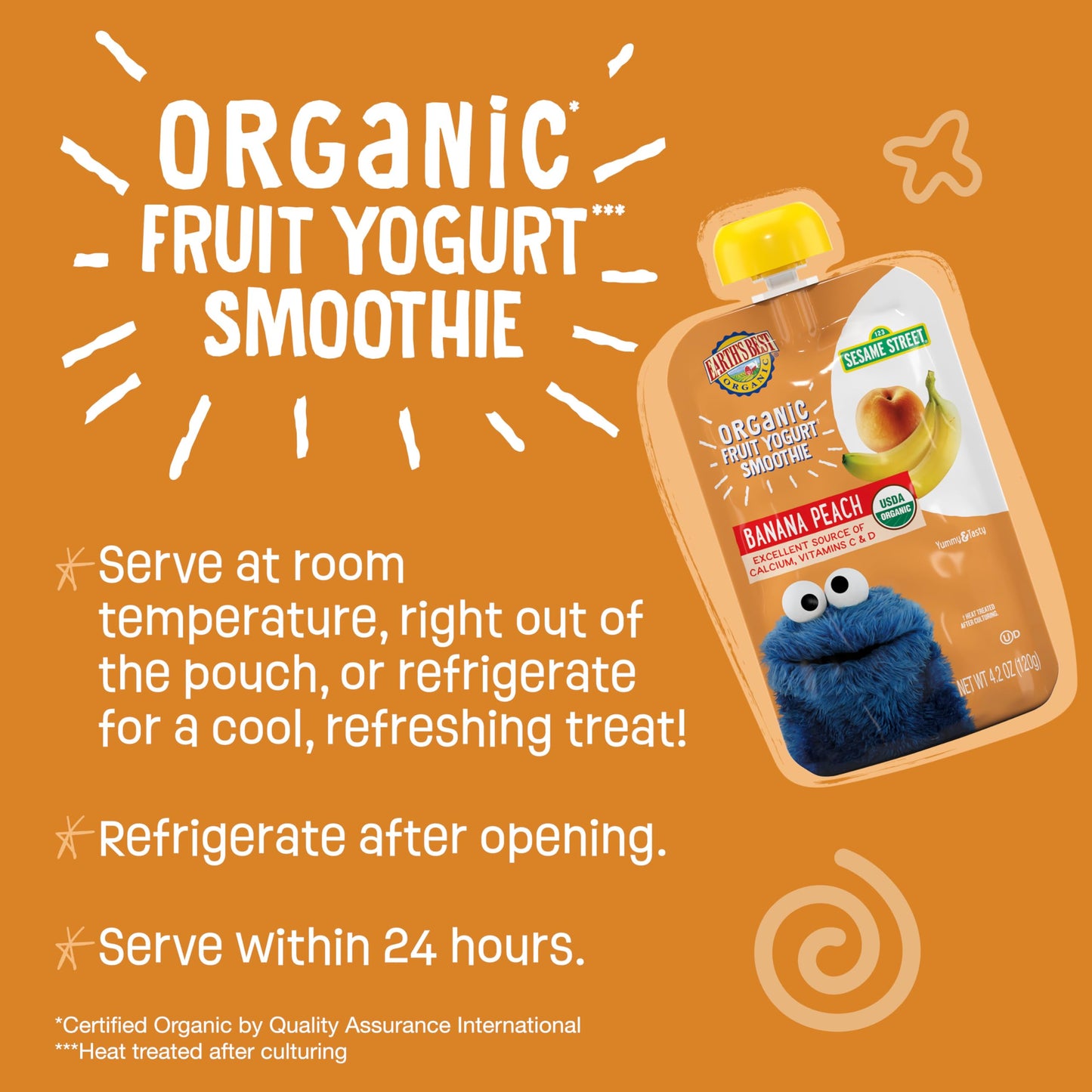 Earths Best Organic Yogurt Smoothie Pouches, 24+ Months, Fruit Yogurt Smoothie For Toddlers 24 Months And Up, Banana Peach, 4.2 Ounce Resealable Pouch (Pack Of 12)
