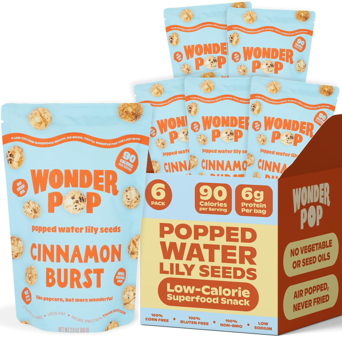 WonderPop Cinnamon Burst - Popped Water Lily Seeds (6-Pack) | Gluten-Free, 6g Protein, 90 Calorie, Non-GMO | Guilt-Free Sweet Sn