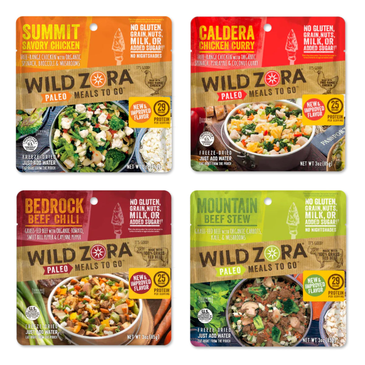 Wild Zora Paleo Freeze Dried Meat Meals, 4 Pack, Gluten Free And Grain Free Camping And Backpacking Food, No Added Sugar, Healthy On-The-Go Travel Meal, Protein Packed (Meat 4-Pack)