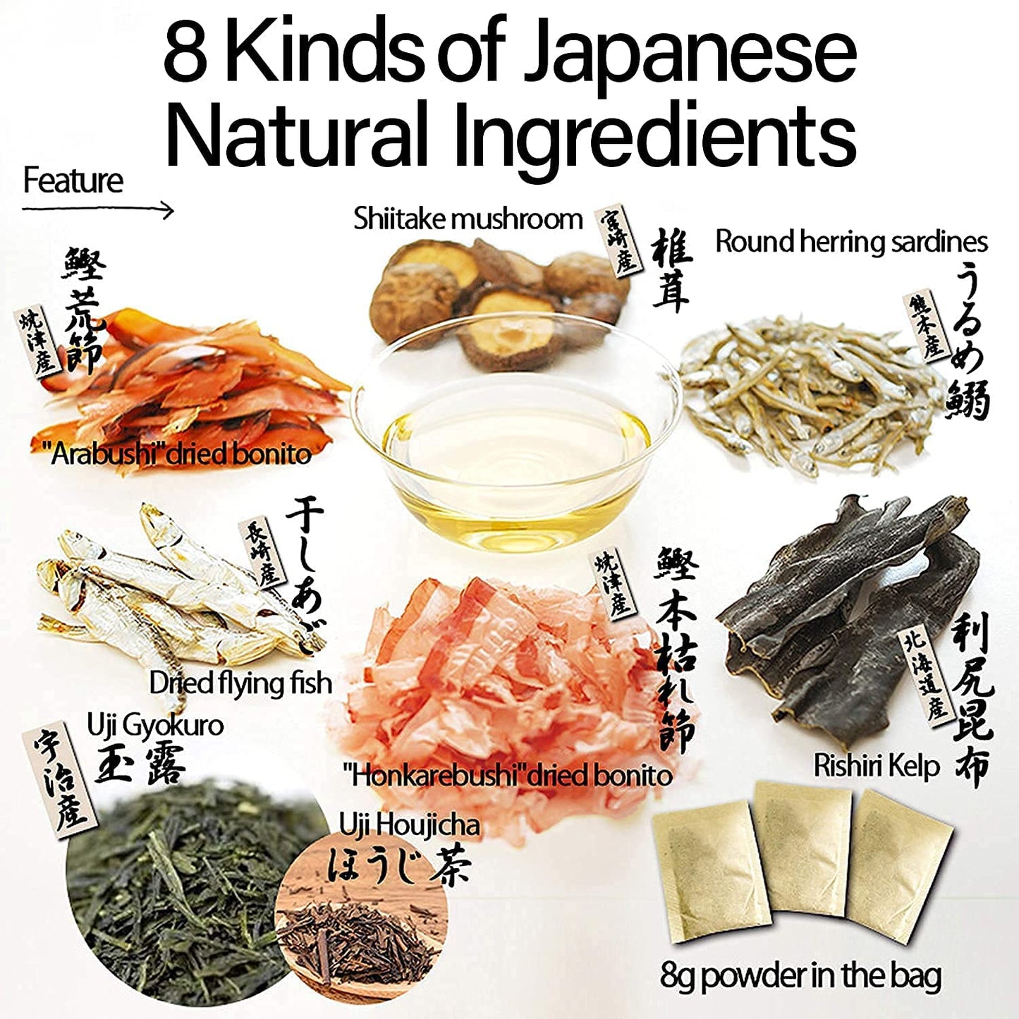 Dashi - Umami Powder Soup Stock - Japanese Food, Bonito Flakes, Kelp, Mushroom, 8G  30Pacs?Yamasan?