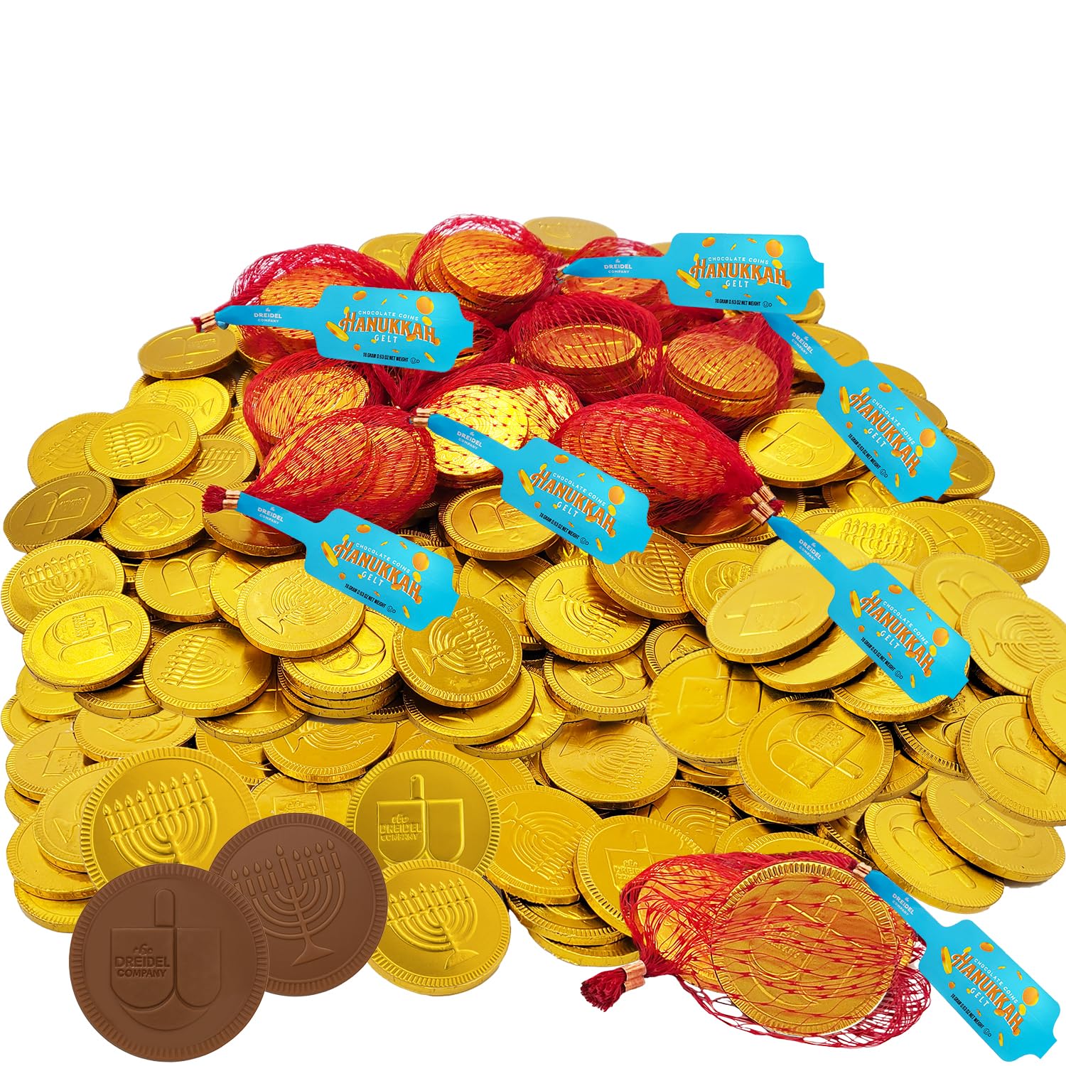 The Dreidel Company Hanukkah Chocolate Gelt Gold Coins In Mesh Bag  Milk Chocolate Coins  Kosher Certified Gelt (100 Mesh Bags)