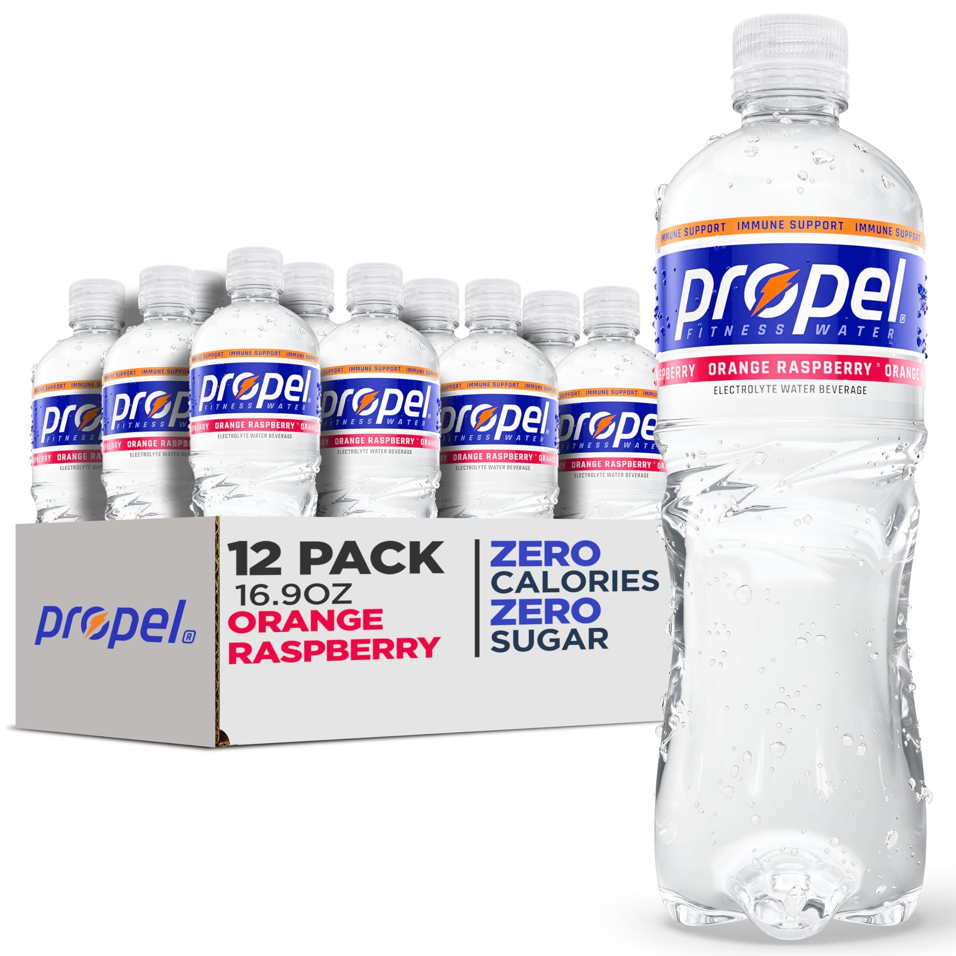 Propel Immune Support Electrolyte Enhanced Water Sports Drink, Orange Raspberry Flavored Water, 100% DV Vitamin C + Zinc, Zero C