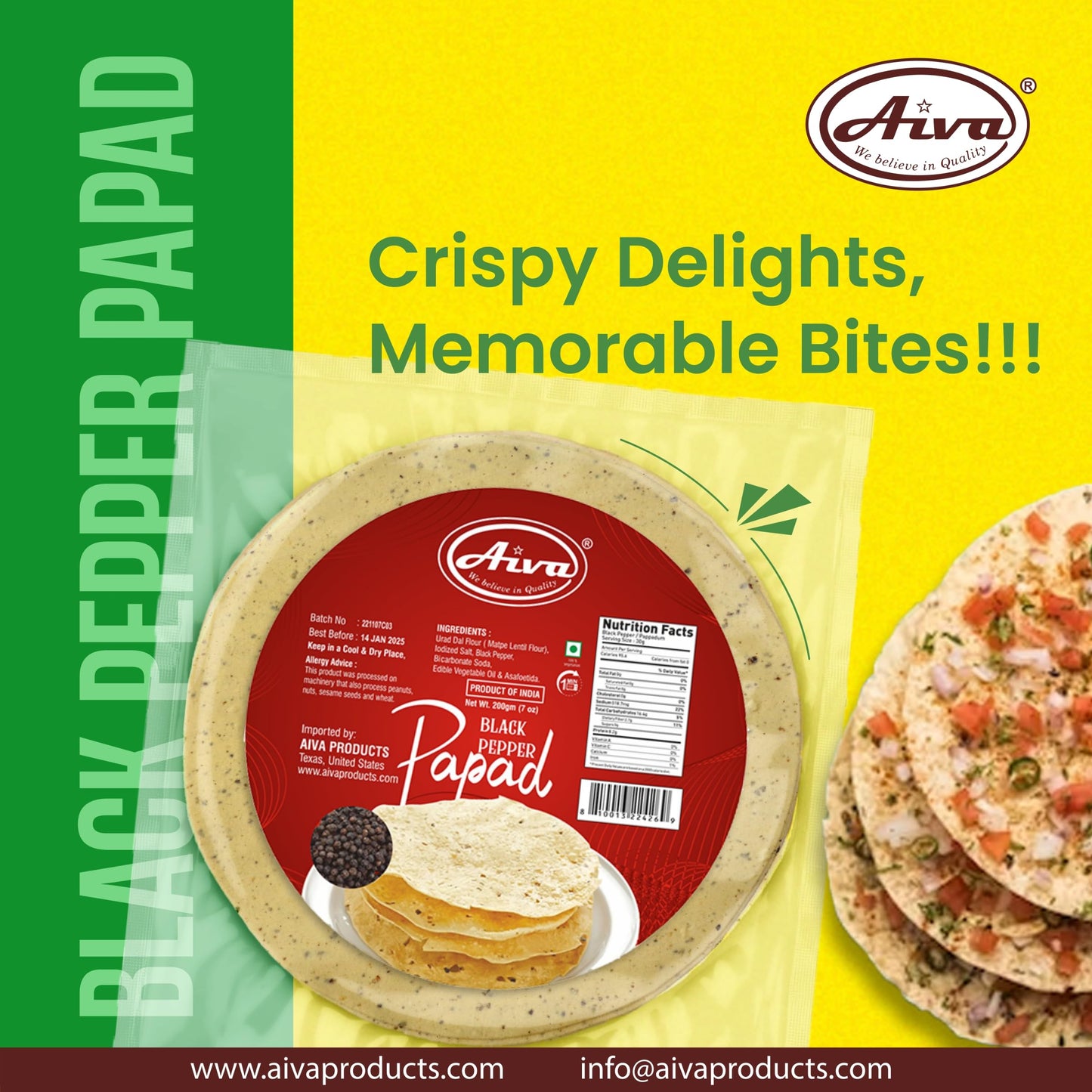 Aiva Pappadums (Indian Lentil Wafer Snack) Black Pepper Papad 200G (Pack Of 3)