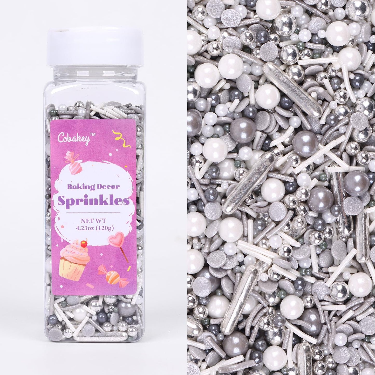 Cobakey Cake Decorating Sprinkles - Metallic & Pearl Mix, 4.23oz, Gray & Silver, Perfect for Cupcakes, Cookies, and Ice Cream