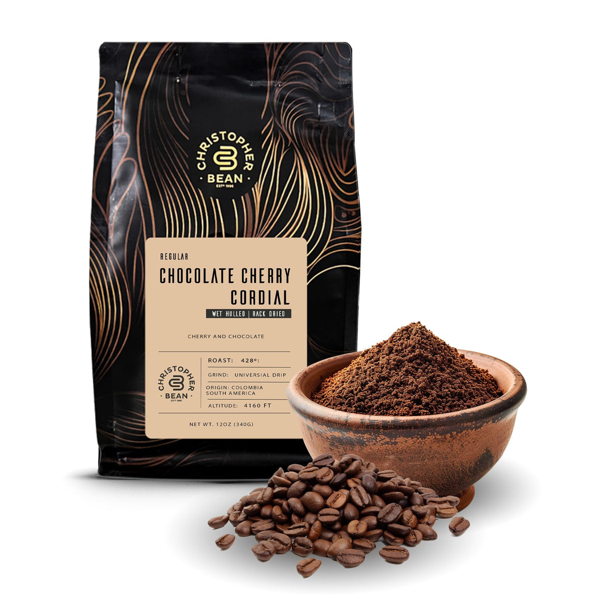 Christopher Bean Coffee - Chocolate Cherry Cordial Flavored Coffee, (Regular Ground) 100% Arabica, No Sugar, No Fats, Made With