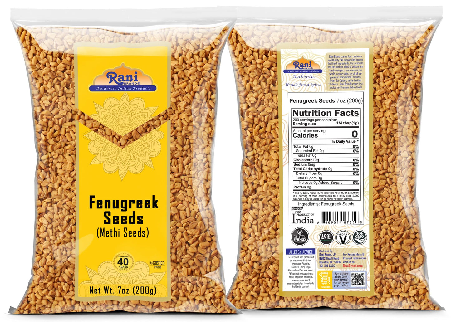 Rani Fenugreek (Methi) Seeds Whole 7oz (200g) Trigonella foenum graecum ~ All Natural | Vegan | Gluten Friendly | Non-GMO | Kosher | Indian Origin  used in cooking & Ayurvedic spice