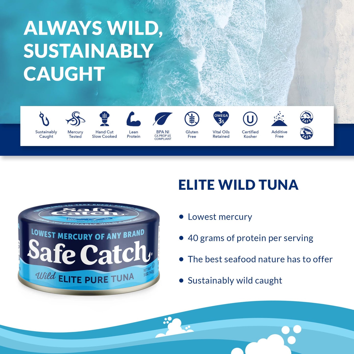Safe Catch Canned Wild Tuna, Wild Caught, Gluten-Free, Non-GMO, 5oz Can, 6-Pack