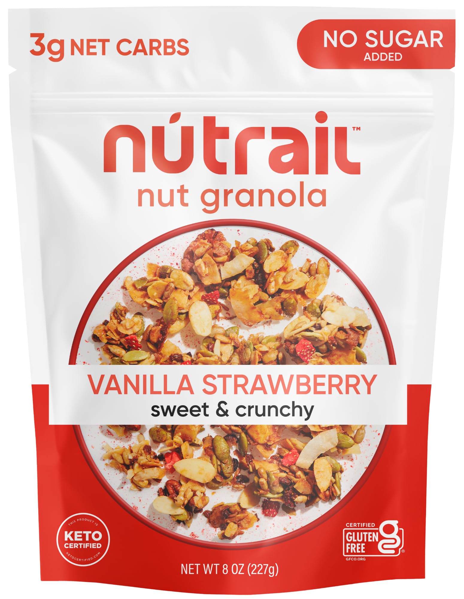 NuTrail Nut Granola Cereal, Vanilla Strawberry, Keto, Gluten Free, 8 oz, No Sugar Added, Model LKGRAN011