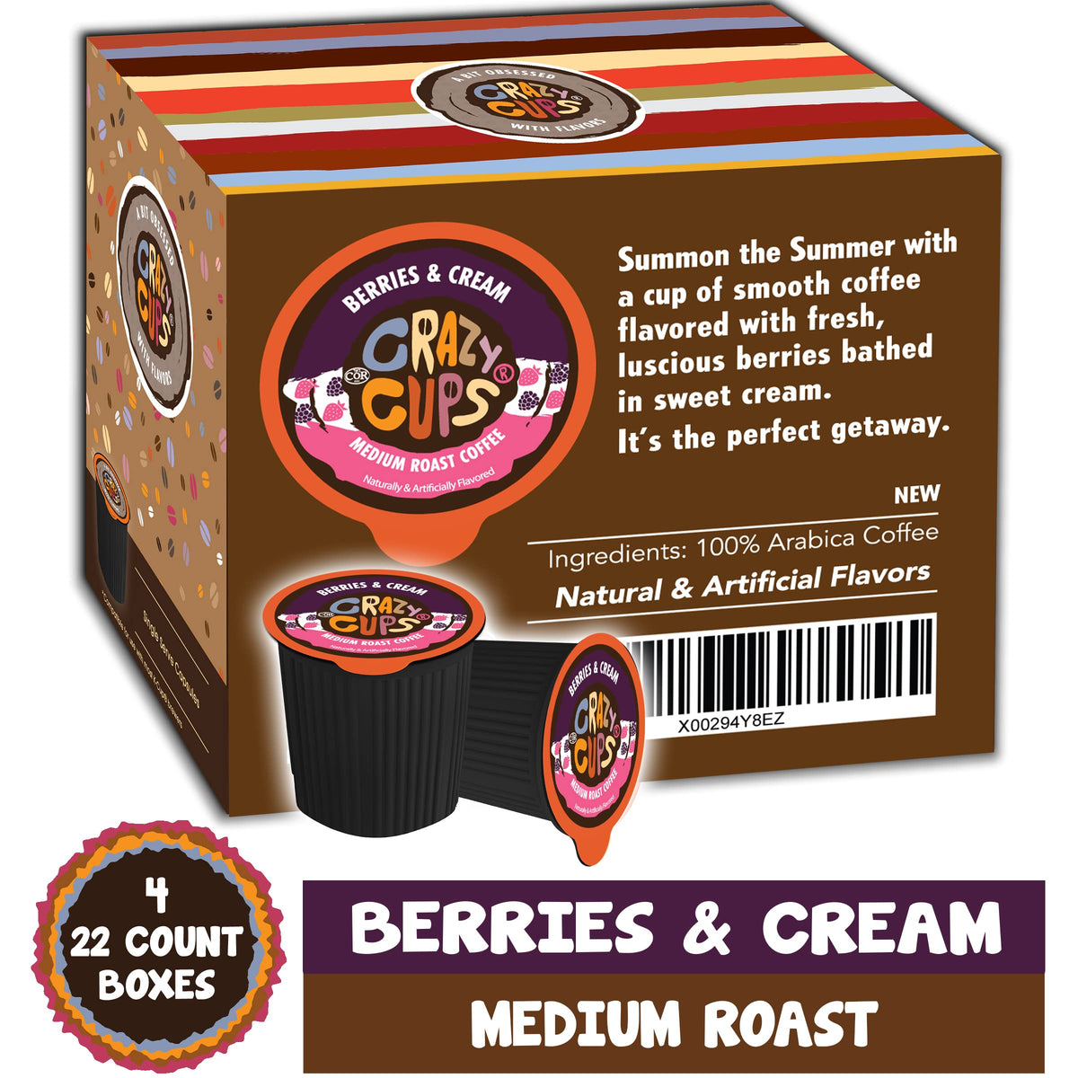 Crazy Cups Flavored Coffee Pods, Berries & Cream, Medium Roast, 88 Count (Pack of 4), Compatible with Keurig K Cup Machines